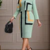 Sage Green Two Piece Geometric Print Dress And Cardigan -Modlily Shop 337109 P 1694484859584
