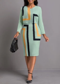 Sage Green Two Piece Geometric Print Dress And Cardigan -Modlily Shop 337109 P 1694484860137