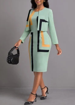 Sage Green Two Piece Geometric Print Dress And Cardigan -Modlily Shop 337109 P 1694484861506