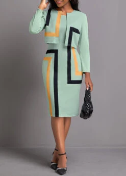 Sage Green Two Piece Geometric Print Dress And Cardigan -Modlily Shop 337109 P 1694484861781