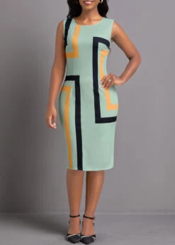 Sage Green Two Piece Geometric Print Dress And Cardigan -Modlily Shop 337109 P 1694484862264
