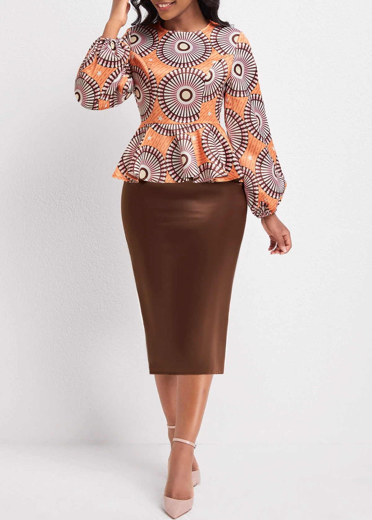 Orange Patchwork Tribal Print Long Sleeve Dress 6 Orange Patchwork Tribal Print Long Sleeve Dress - Image 4