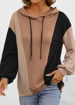 Light Coffee Patchwork Long Sleeve Hoodie -Modlily Shop 337130 P 16944294851812