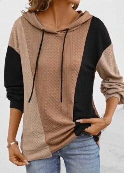 Light Coffee Patchwork Long Sleeve Hoodie -Modlily Shop 337130 P 16944294851943