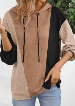 Light Coffee Patchwork Long Sleeve Hoodie -Modlily Shop 337130 P 16944294862524