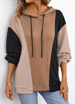Light Coffee Patchwork Long Sleeve Hoodie -Modlily Shop 337130 P 16944294864125
