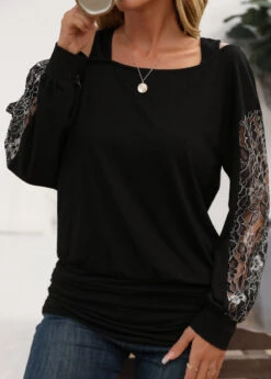 Black Cut Out Long Sleeve One Shoulder Sweatshirt -Modlily Shop 337202 P 16952121464744