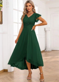 Blackish Green Twist High Low Short Sleeve Dress -Modlily Shop 337246 P 16947410523673