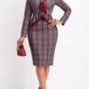 Red Ruffle Plaid Long Sleeve Stand Collar Bodycon Dress