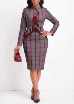 Red Ruffle Plaid Long Sleeve Stand Collar Bodycon Dress