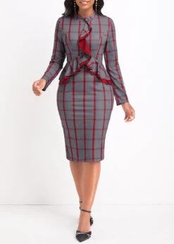 Red Ruffle Plaid Long Sleeve Stand Collar Bodycon Dress -Modlily Shop 337436 P 16920980912763