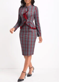 Red Ruffle Plaid Long Sleeve Stand Collar Bodycon Dress -Modlily Shop 337436 P 16920980915902