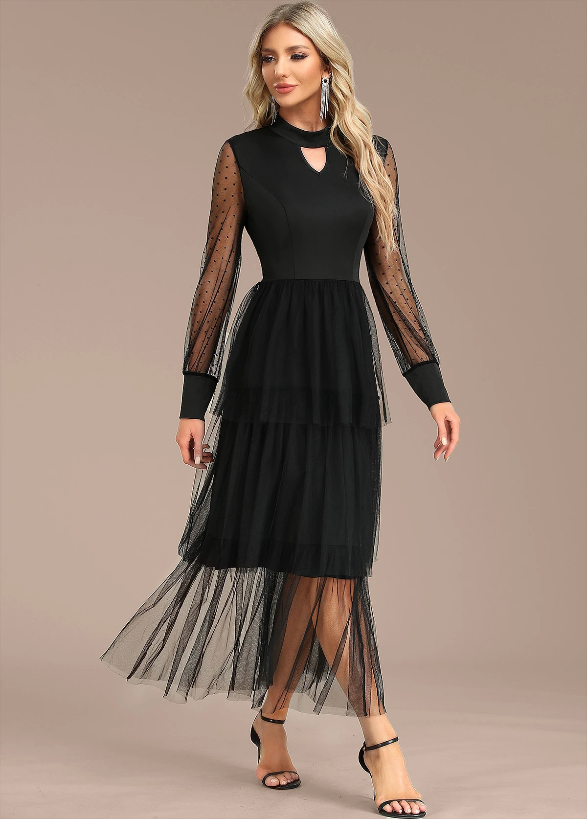 Black Patchwork Long Sleeve Stand Collar Dress 5 Black Patchwork Long Sleeve Stand Collar Dress - Image 3