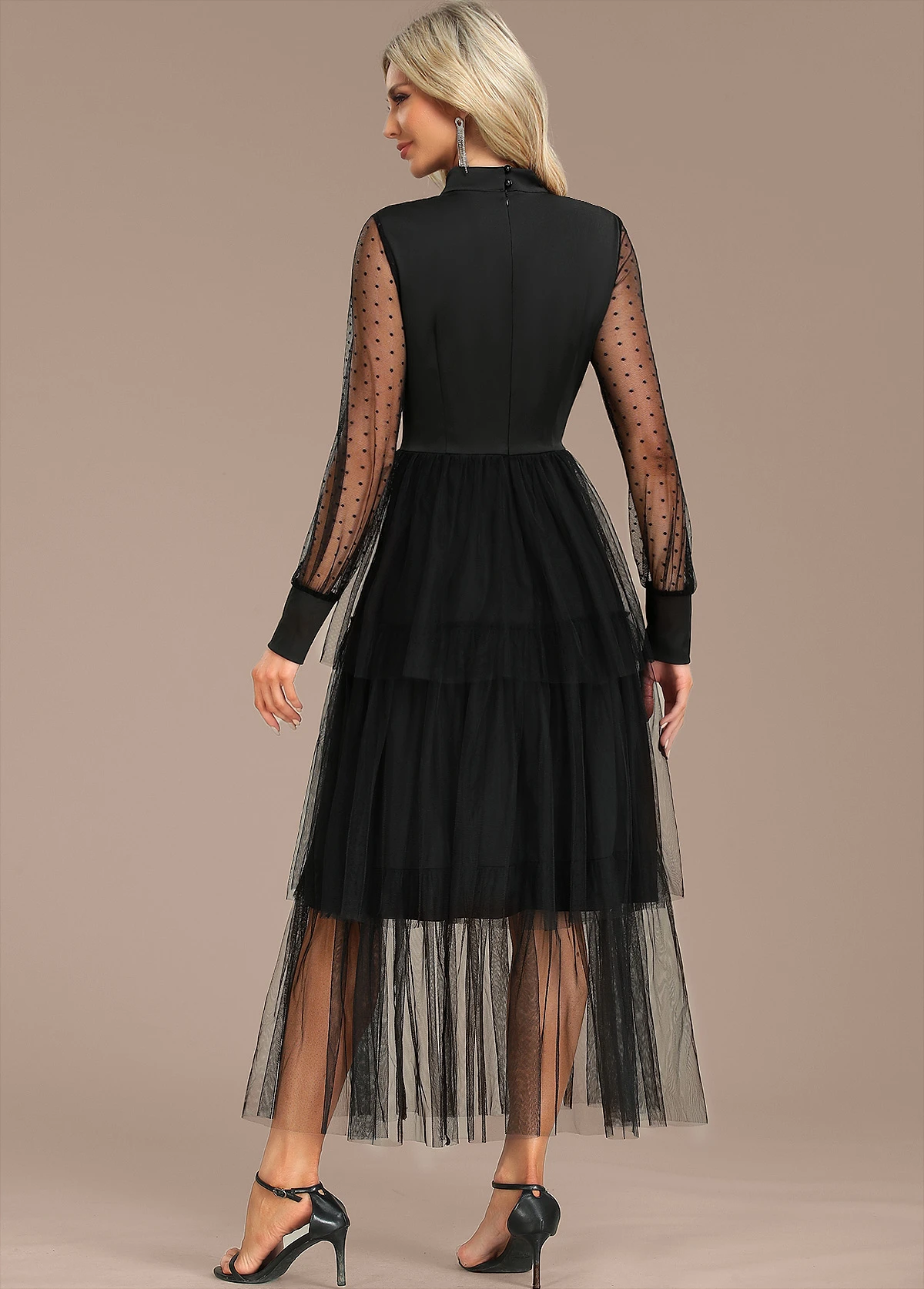 Black Patchwork Long Sleeve Stand Collar Dress 4 Black Patchwork Long Sleeve Stand Collar Dress - Image 2