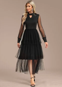 Black Patchwork Long Sleeve Stand Collar Dress