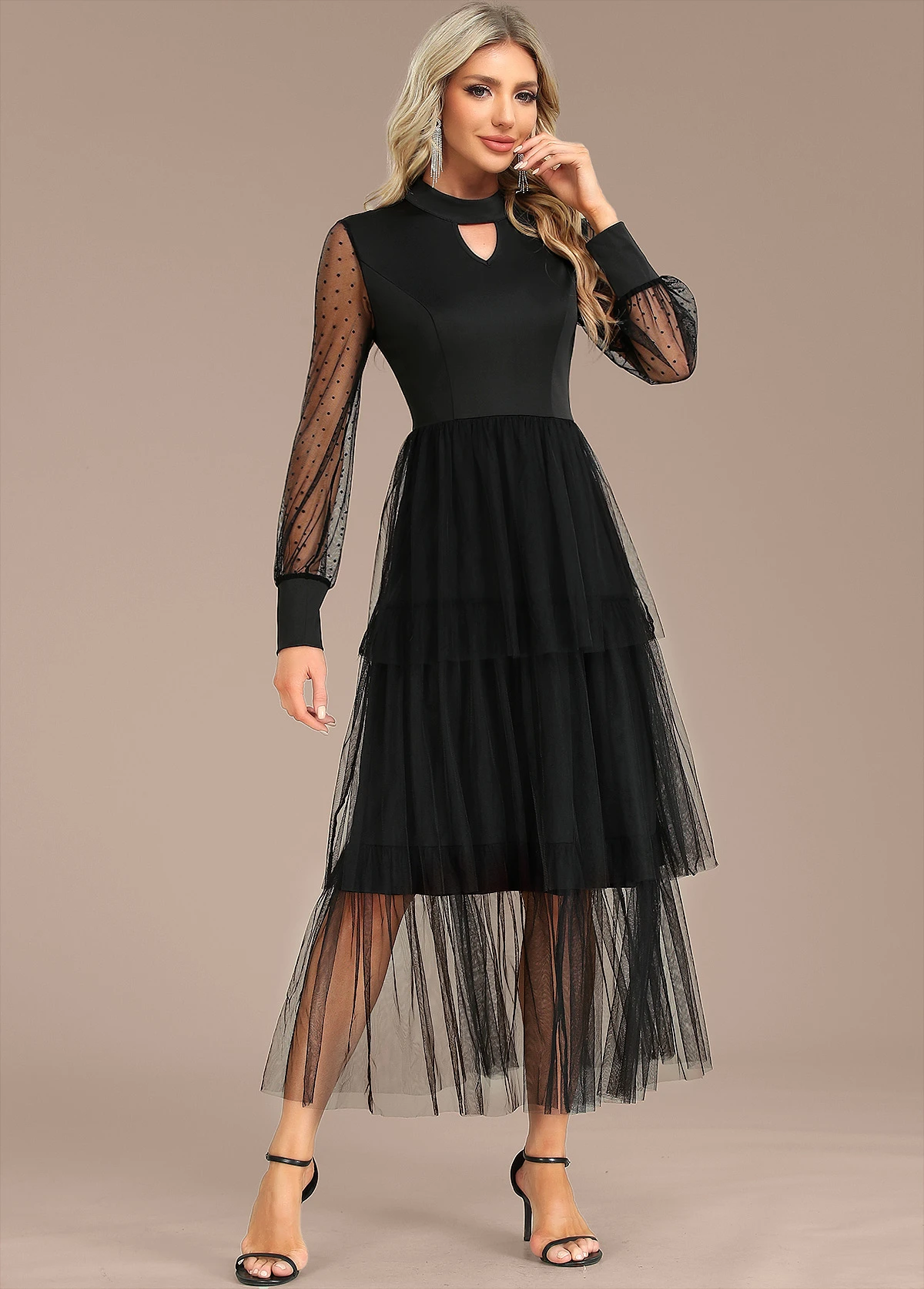 Black Patchwork Long Sleeve Stand Collar Dress 6 Black Patchwork Long Sleeve Stand Collar Dress - Image 4