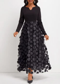 Black Patchwork Long Sleeve Split Neck Maxi Dress -Modlily Shop 337452 P 16927905033584