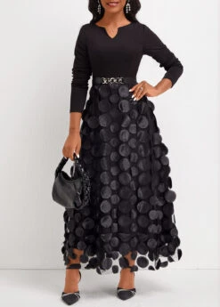 Black Patchwork Long Sleeve Split Neck Maxi Dress -Modlily Shop 337452 P 16927905033763