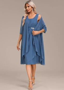 Blue Two Piece Suit Round Neck Dress And Cardigan -Modlily Shop 337530 P 16939673282434