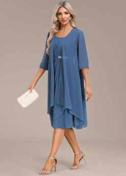 Blue Two Piece Suit Round Neck Dress And Cardigan -Modlily Shop 337530 P 16939673284922