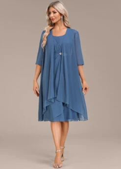 Blue Two Piece Suit Round Neck Dress And Cardigan -Modlily Shop 337530 P 16939673285875