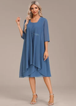 Blue Two Piece Suit Round Neck Dress And Cardigan -Modlily Shop 337530 P 16939673288503