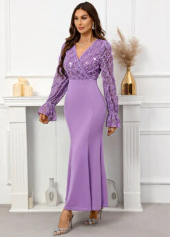 Purple Sequin Maxi Long Sleeve V Neck Bodycon Dress -Modlily Shop 337535 P 16954679822042