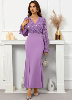 Purple Sequin Maxi Long Sleeve V Neck Bodycon Dress -Modlily Shop 337535 P 16954679825463
