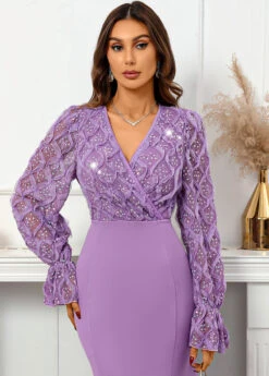 Purple Sequin Maxi Long Sleeve V Neck Bodycon Dress -Modlily Shop 337535 P 16954679826035