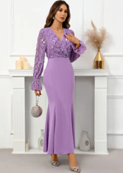 Purple Sequin Maxi Long Sleeve V Neck Bodycon Dress -Modlily Shop 337535 P 16954679829124