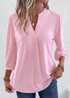 Pink Ruched Three Quarter Length Sleeve T Shirt -Modlily Shop 337553 P 16898486831505