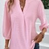 Pink Ruched Three Quarter Length Sleeve T Shirt 2 Pink Ruched Three Quarter Length Sleeve T Shirt -Modlily Shop 337553 P 16898486834930