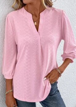 Pink Ruched Three Quarter Length Sleeve T Shirt -Modlily Shop 337553 P 16898486836984