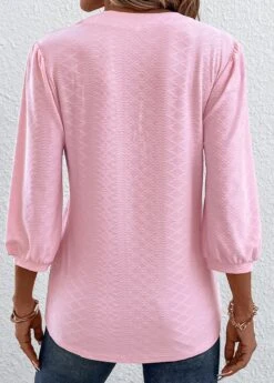 Pink Ruched Three Quarter Length Sleeve T Shirt -Modlily Shop 337553 P 16898486839941