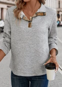 Grey Patchwork Plaid Long Sleeve Turn Down Collar Sweatshirt -Modlily Shop 337557 P 16899092816703