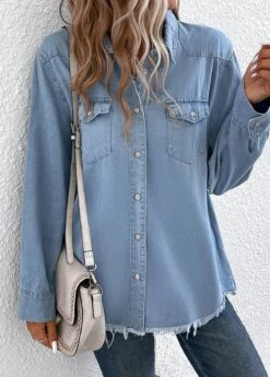 Denim Blue Pocket Long Sleeve Shirt Collar Coat -Modlily Shop 337563 P 16897662665814