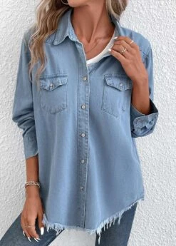 Denim Blue Pocket Long Sleeve Shirt Collar Coat