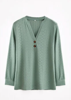 Green Button Long Sleeve Split Neck T Shirt -Modlily Shop 337569 P 16940804032476