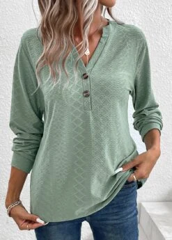 Green Button Long Sleeve Split Neck T Shirt -Modlily Shop 337569 P 16940804033002