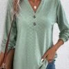 Green Button Long Sleeve Split Neck T Shirt -Modlily Shop 337569 P 16940804034910