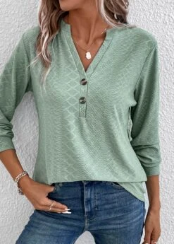 Green Button Long Sleeve Split Neck T Shirt -Modlily Shop 337569 P 16940804035125