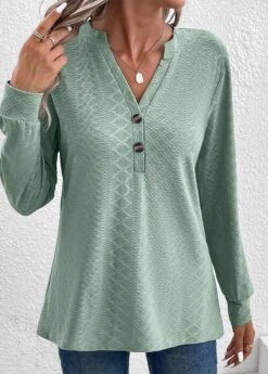 Green Button Long Sleeve Split Neck T Shirt -Modlily Shop 337569 P 16940804036313