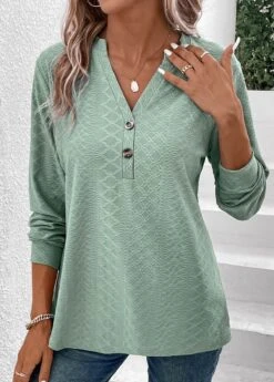 Green Button Long Sleeve Split Neck T Shirt -Modlily Shop 337569 P 16940804037534