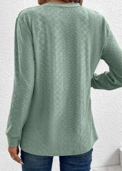 Green Button Long Sleeve Split Neck T Shirt -Modlily Shop 337569 P 16940804039331