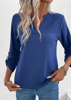 Navy Split Long Sleeve T Shirt -Modlily Shop 337574 P 16897662461374