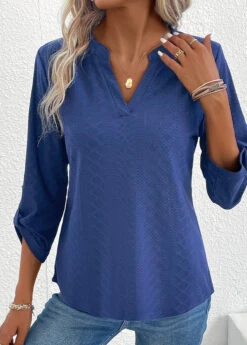 Navy Split Long Sleeve T Shirt -Modlily Shop 337574 P 16897662467313