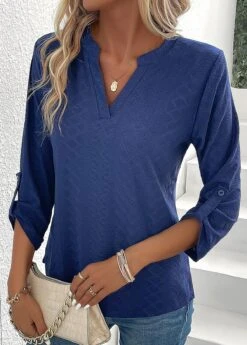 Navy Split Long Sleeve T Shirt -Modlily Shop 337574 P 16897662468112