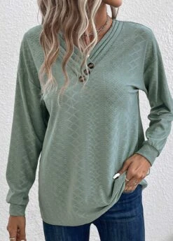 Sage Green Button Long Sleeve T Shirt -Modlily Shop 337576 P 16899448493695
