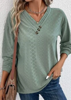 Sage Green Button Long Sleeve T Shirt -Modlily Shop 337576 P 16899448496324