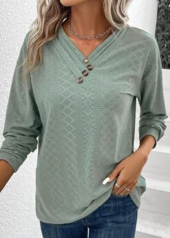 Sage Green Button Long Sleeve T Shirt -Modlily Shop 337576 P 16899448498443